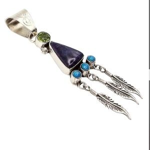 Navajo Sterling Silver Multi-Stone with Feather Dangles Pendant